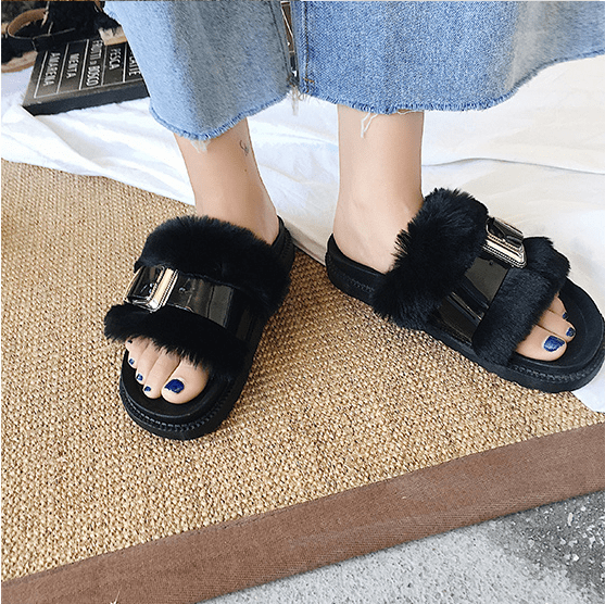 Faux Fur Fluffy Flat Sandals Glossy Line Buckle