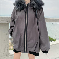 Faux Fur Hood Warm Velvet Oversize Outwear Jacket