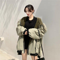 Faux Fur Hood Warm Velvet Oversize Outwear Jacket