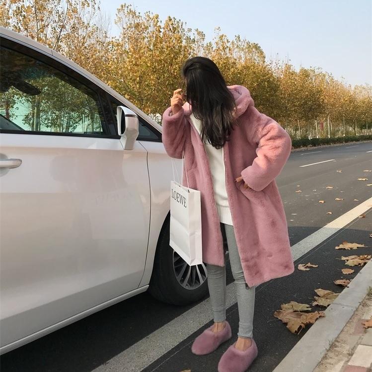 Faux Fur Solid Colors Hooded Long Coat