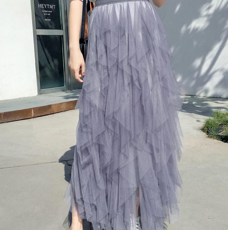 Flared Wavy Mesh High Waist Long Skirt