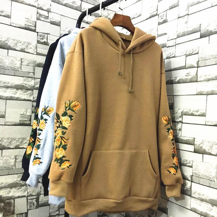 Flowers Embroidery Sleeve Khaki Black Gray Hoodie