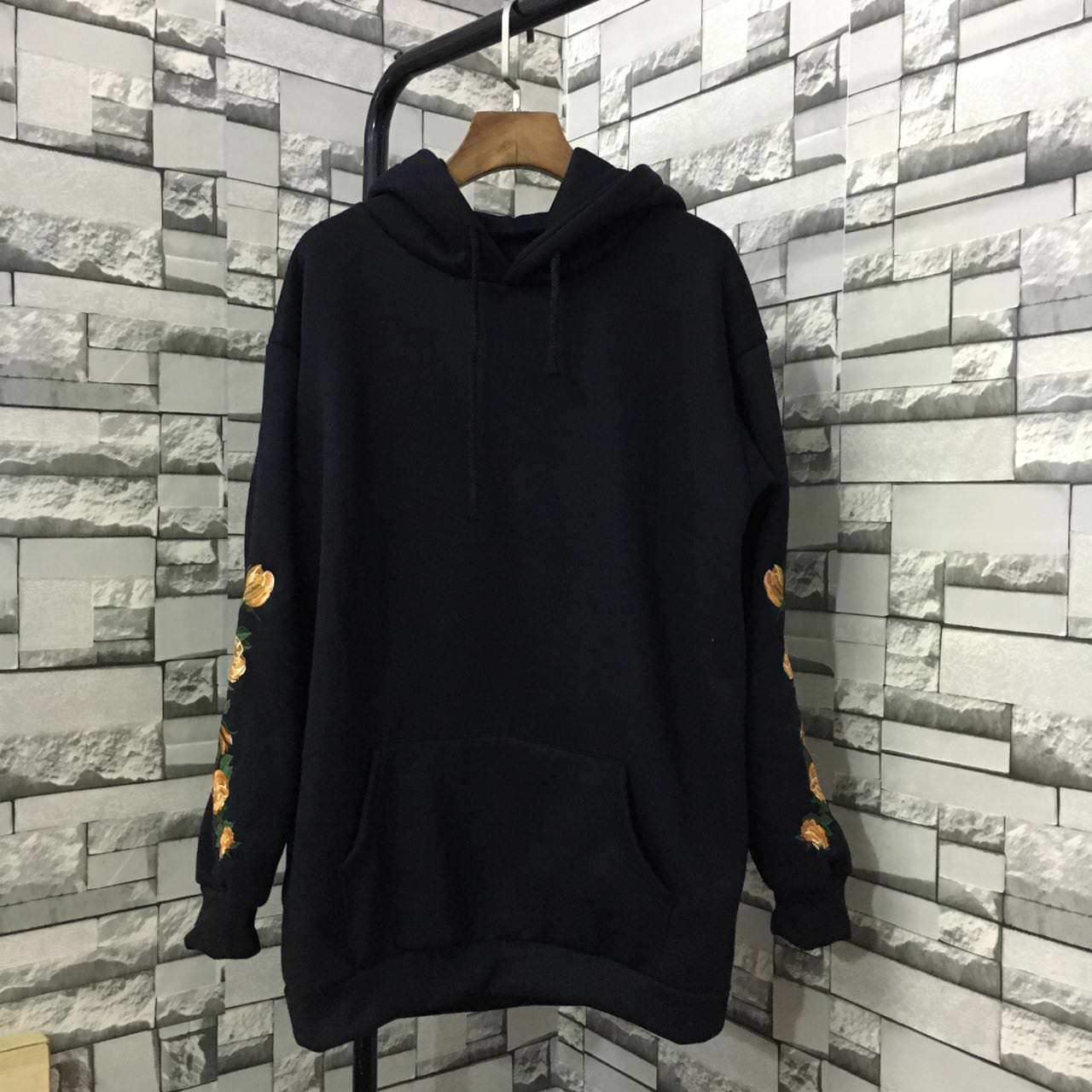 Flowers Embroidery Sleeve Khaki Black Gray Hoodie