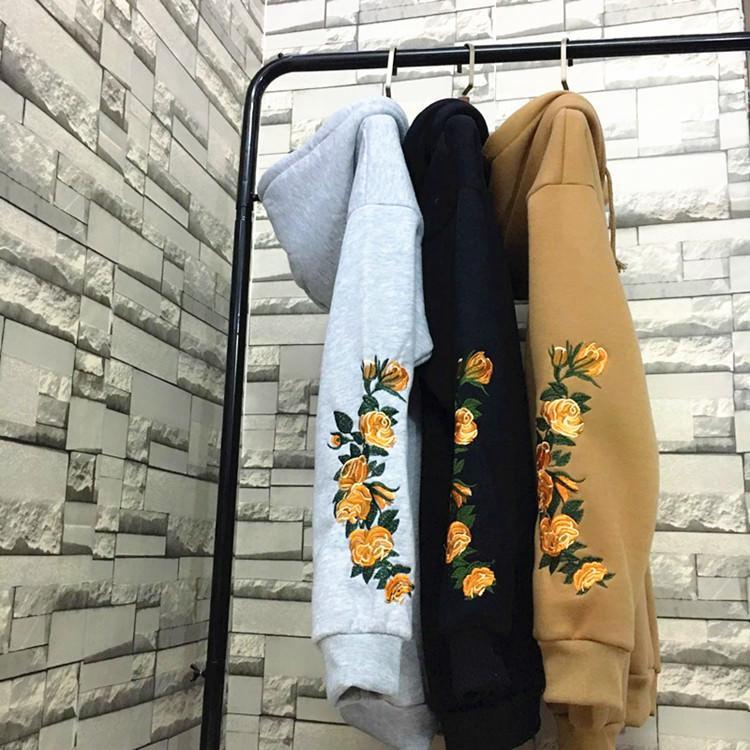 Flowers Embroidery Sleeve Khaki Black Gray Hoodie