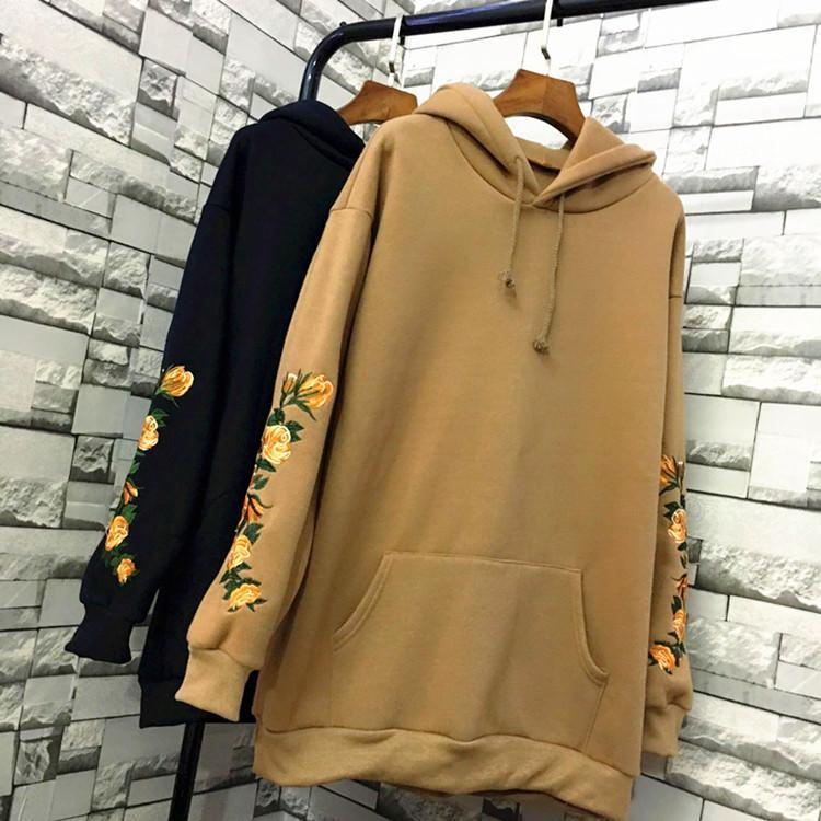 Flowers Embroidery Sleeve Khaki Black Gray Hoodie