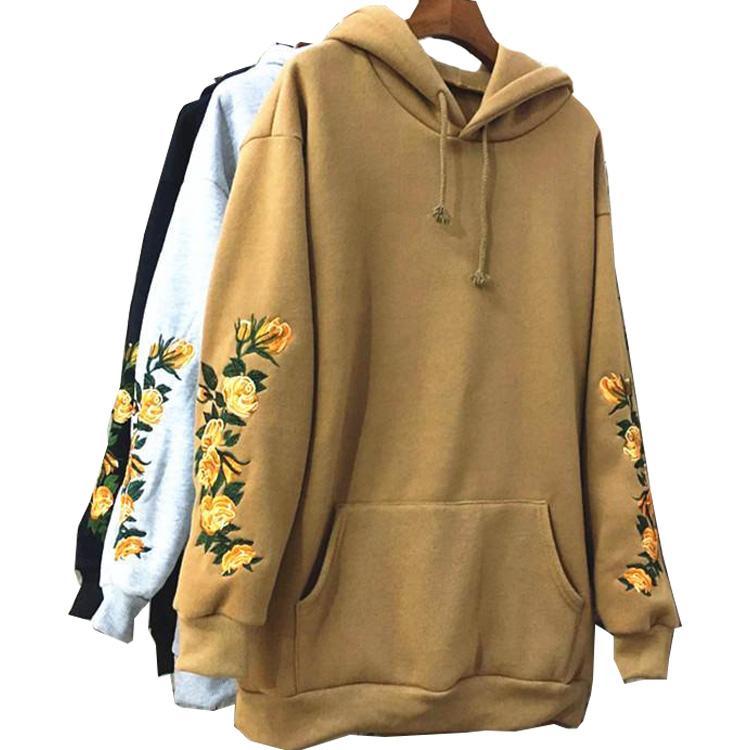 Flowers Embroidery Sleeve Khaki Black Gray Hoodie