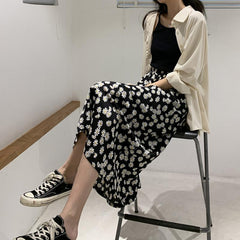 Flowers Pattern High Waist Long Loose Black Skirt