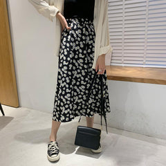 Flowers Pattern High Waist Long Loose Black Skirt