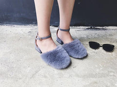 Fluffu Faux Fur Closed Toe Ankle Buckle Flat Sandals