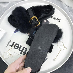 Fluffy Faux Fur Insole Front Buckle Open Toe Sandals