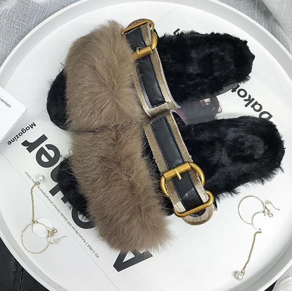 Fluffy Faux Fur Insole Front Buckle Open Toe Sandals