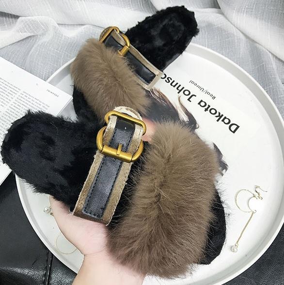 Fluffy Faux Fur Insole Front Buckle Open Toe Sandals