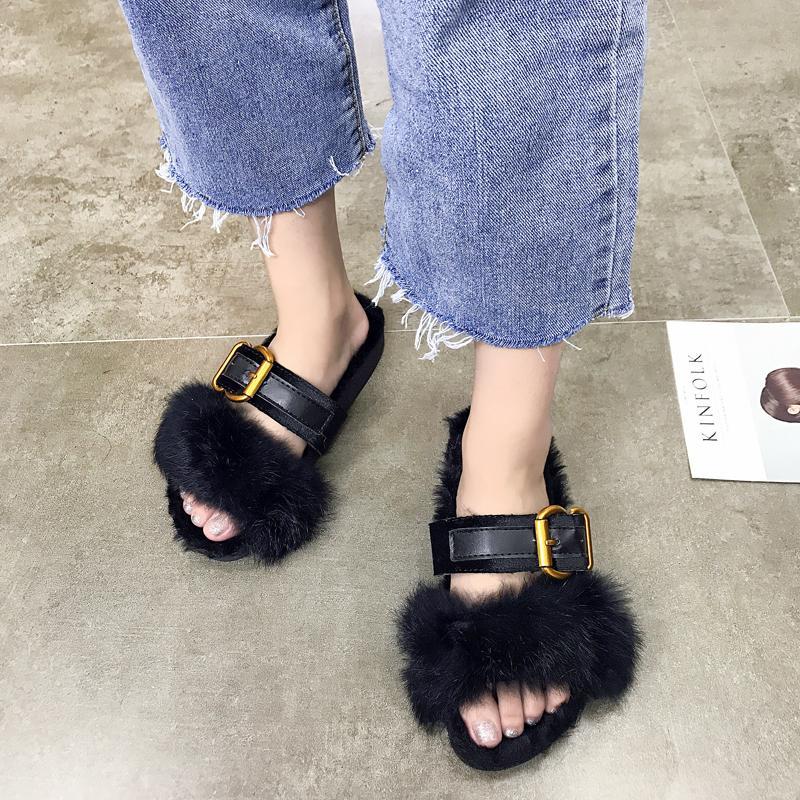 Fluffy Faux Fur Insole Front Buckle Open Toe Sandals