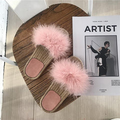 Fluffy Faux Fur Wicker Black White Pink Sandals