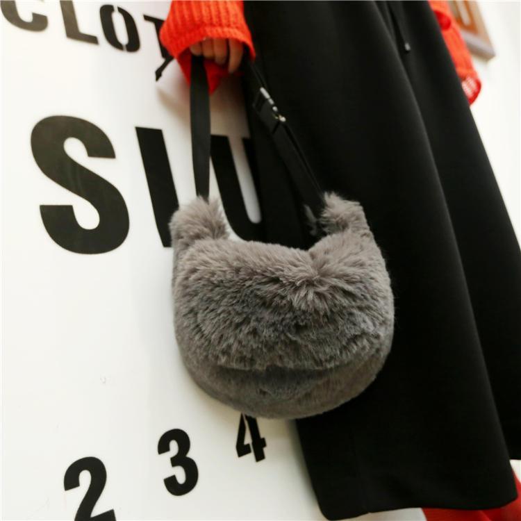 Fur Fluffy Gray Belt Style Shoulder Bag