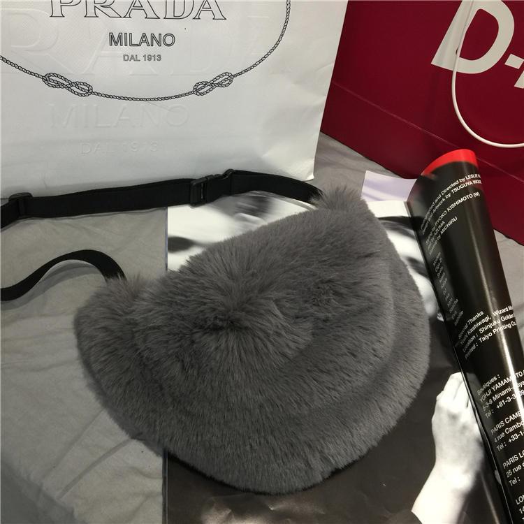 Fur Fluffy Gray Belt Style Shoulder Bag