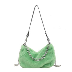 Fuzzy Plush Ulzzang Silver Metallic Chain Bag