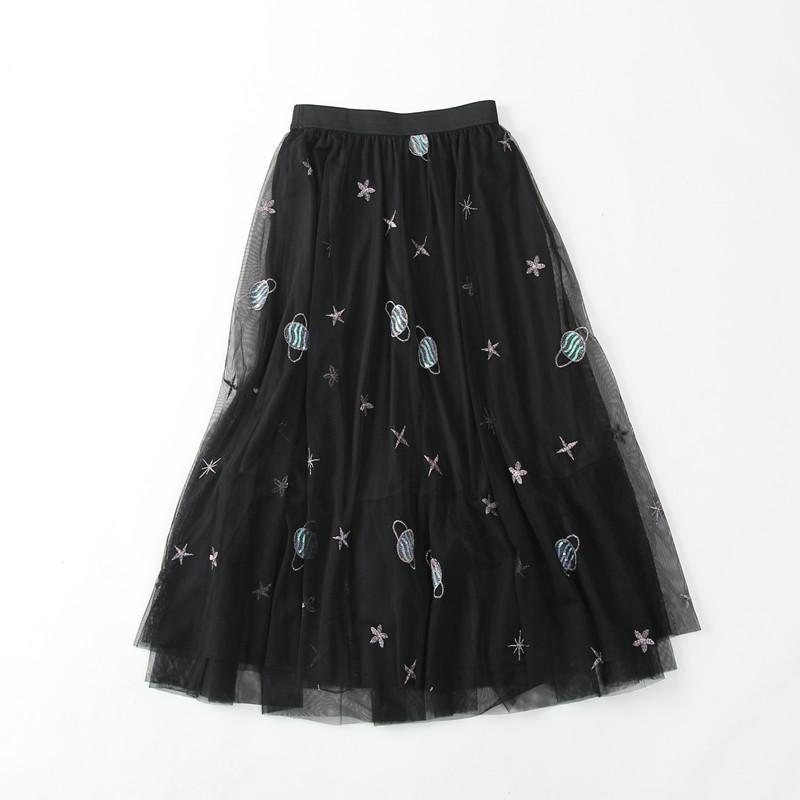 Gauze Cosmo Saturn Sew On Long Black Sky Skirt