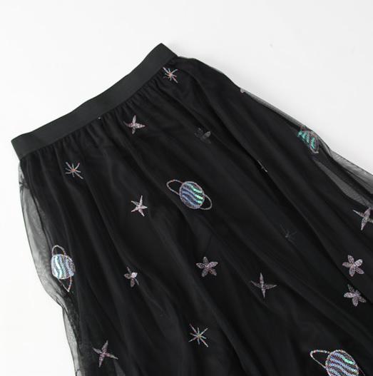 Gauze Cosmo Saturn Sew On Long Black Sky Skirt