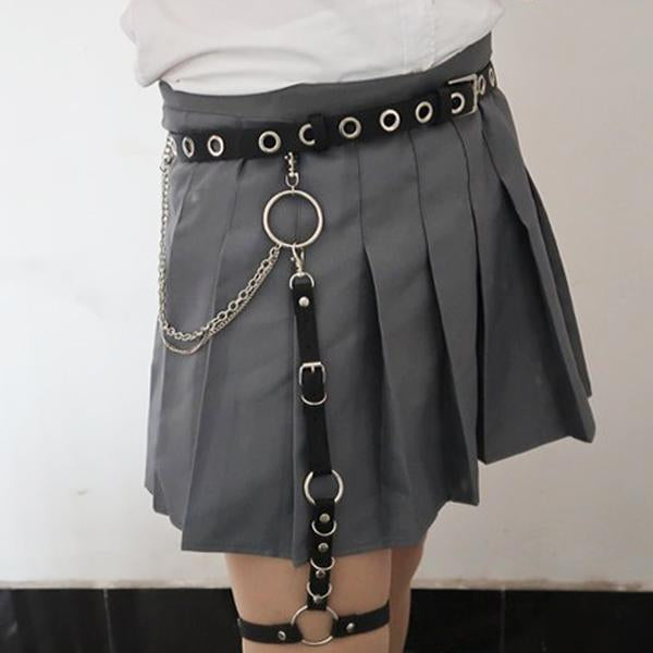 Goth Aesthetic Black Garter Strap + Metallic Holes Belt