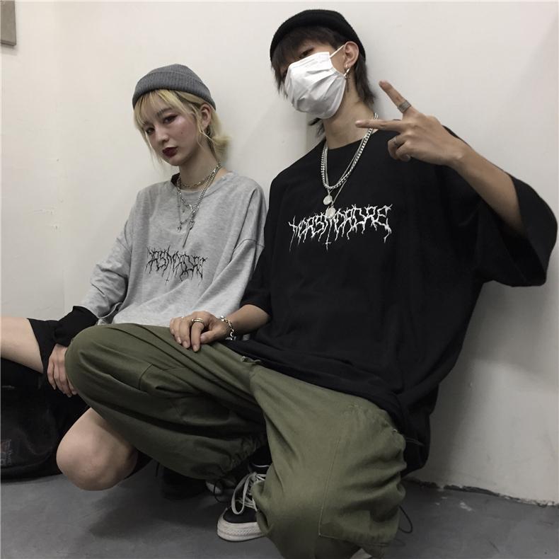 Gray And Black Grunge Aesthetic Printed Oversized T-Shirt