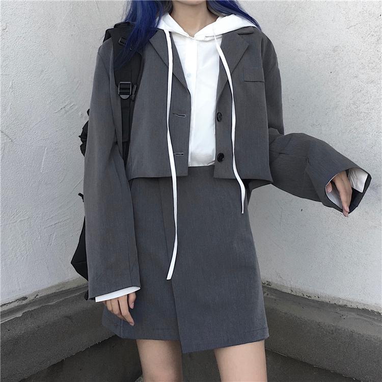 Gray Black Casual Suit Jacket + Irregular Skirt