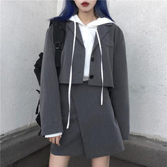 Gray Black Casual Suit Jacket + Irregular Skirt