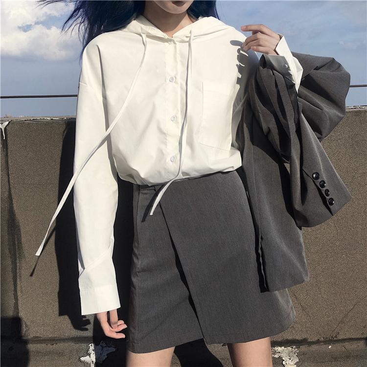 Gray Black Casual Suit Jacket + Irregular Skirt