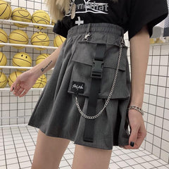 Gray Black Elastic Waist Big Pocket Mini Skirt