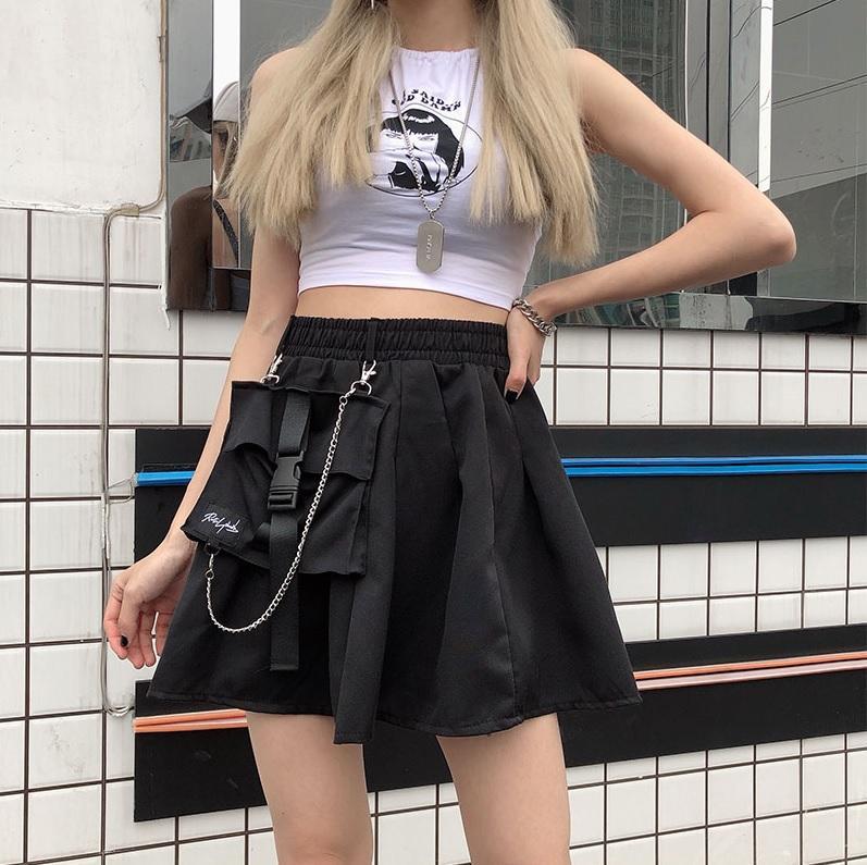 Gray Black Elastic Waist Big Pocket Mini Skirt