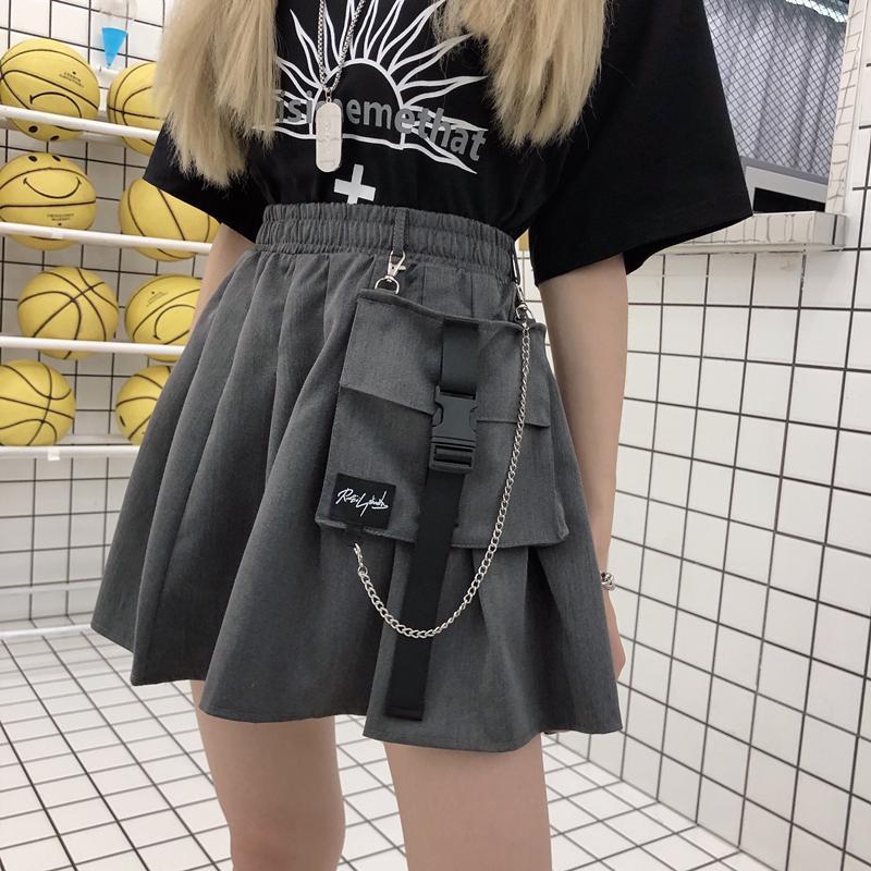 Gray Black Elastic Waist Big Pocket Mini Skirt