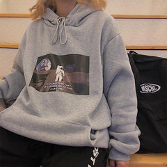 Gray Black Moon Landing Print Egirl Loose Warm Hoodie