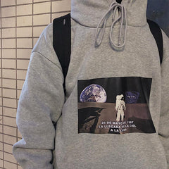 Gray Black Moon Landing Print Egirl Loose Warm Hoodie