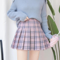 Gray Pink School Style Grand Plaid Pleated Aesthetic Skirts