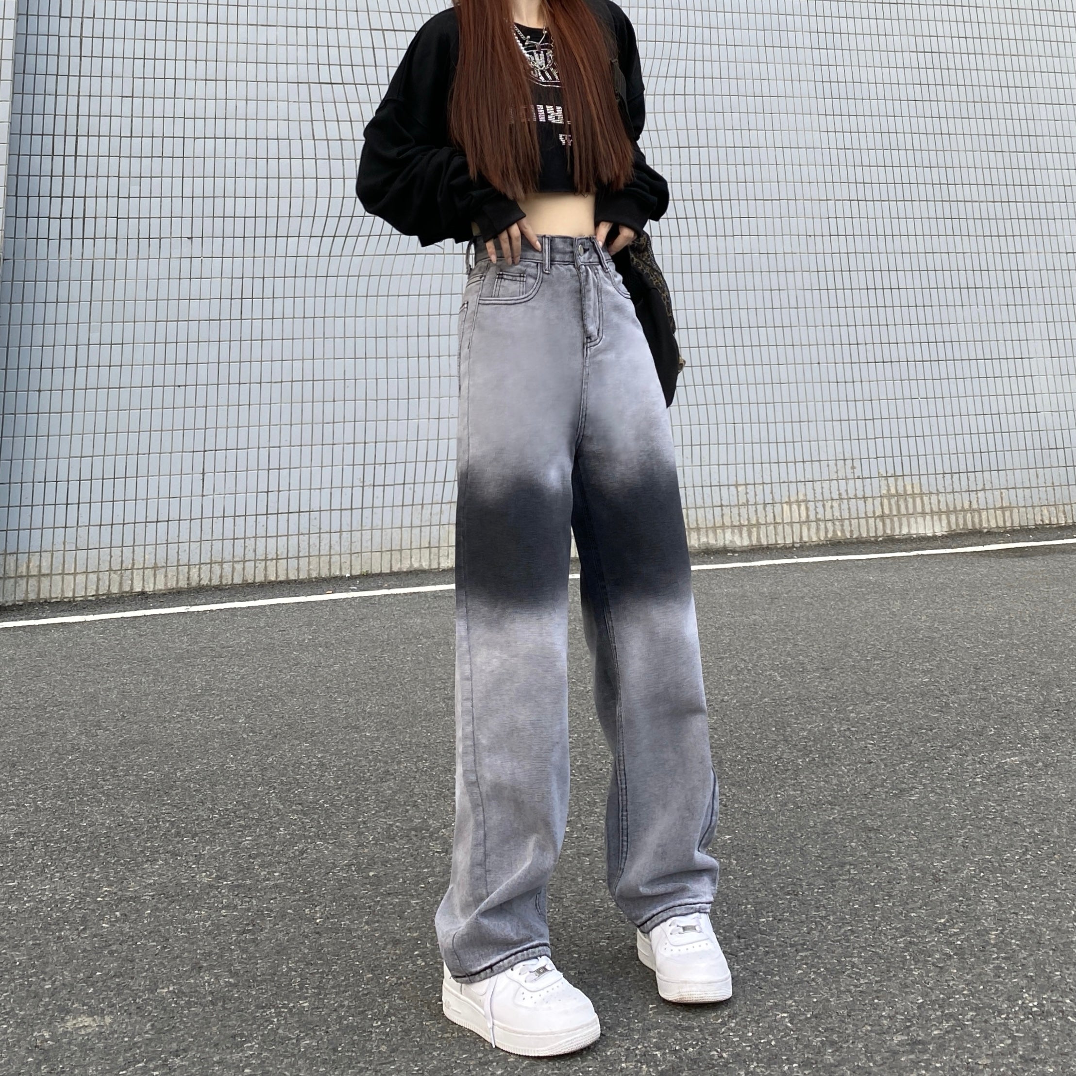 Gray Retro Tie Dye Patches High Waist Loose Jeans