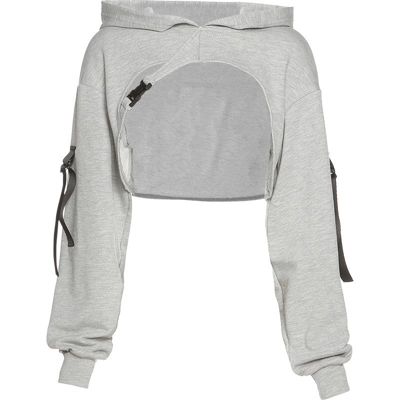 Gray Skater Aesthetic Straps Loose Super Cropped Hoodie