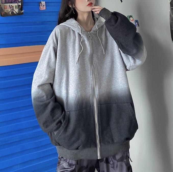 Gray White Gradient Aesthetic Oversized Zipper Hoodie