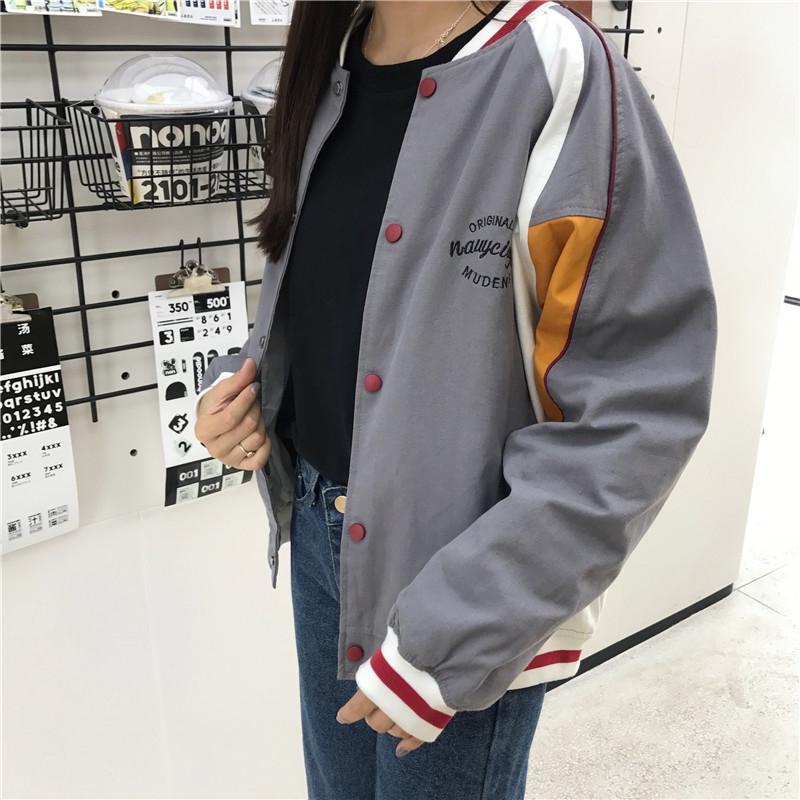 Green Gray Lines Retro Embroidery Letters Bomber Jacket