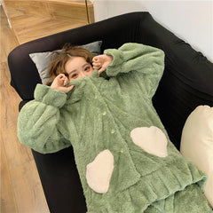 Green Pink Rabbit Ears Hood Soft Plush Loose Pajama Set