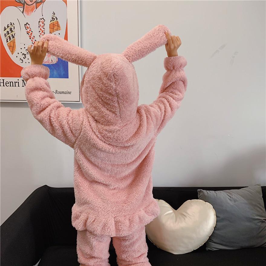 Green Pink Rabbit Ears Hood Soft Plush Loose Pajama Set