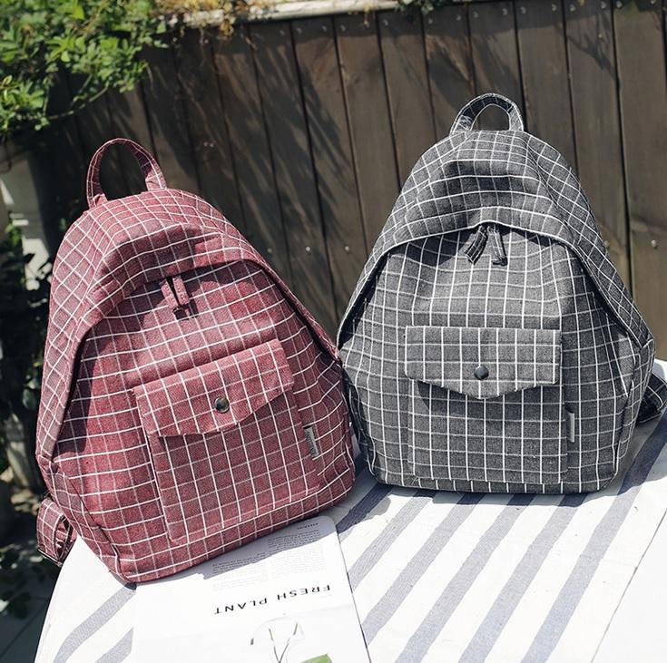 Grid Plaid Korean Style College Zipper Backpack