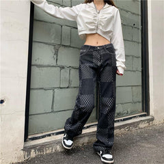 Grunge Aesthetic Checkered Pattern High Waist Jeans