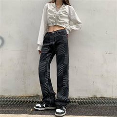 Grunge Aesthetic Checkered Pattern High Waist Jeans