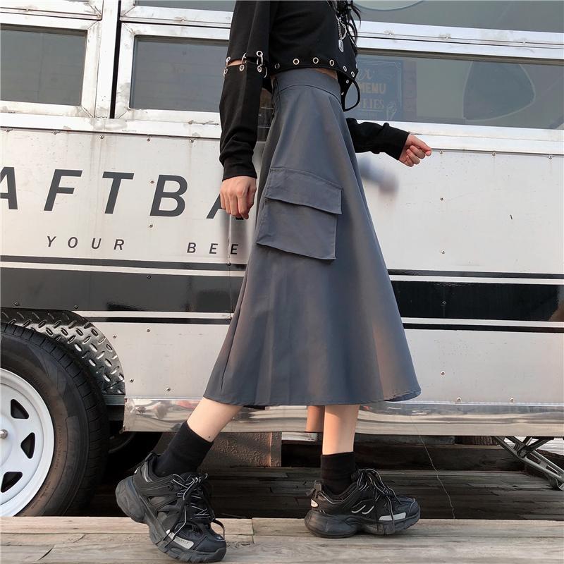 Grunge Aesthetic Irregular Long Skirt With Pockets