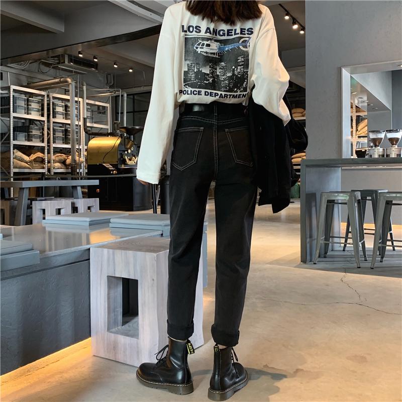 Grunge Black Denim High Waist Straight Loose Jeans