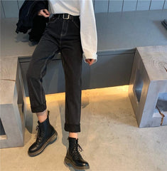 Grunge Black Denim High Waist Straight Loose Jeans