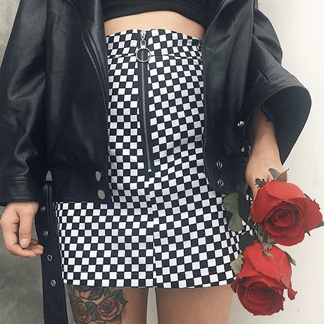 Grunge Black White Checkered Grid Front Zipper Skirt