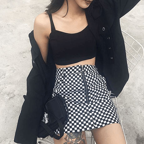 Grunge Black White Checkered Grid Front Zipper Skirt