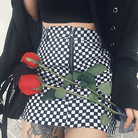 Grunge Black White Checkered Grid Front Zipper Skirt