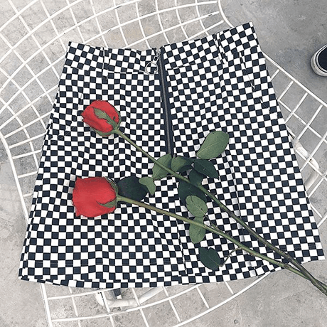 Grunge Black White Checkered Grid Front Zipper Skirt